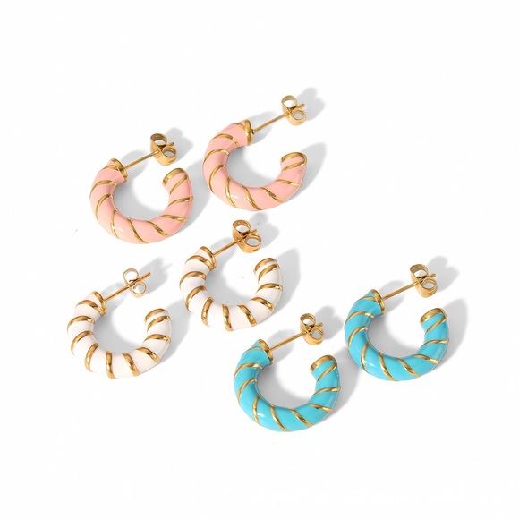 18K Gold Plated Twisted Hoop Earrings*Pink Enamel Earrings - Picture 4 of 7